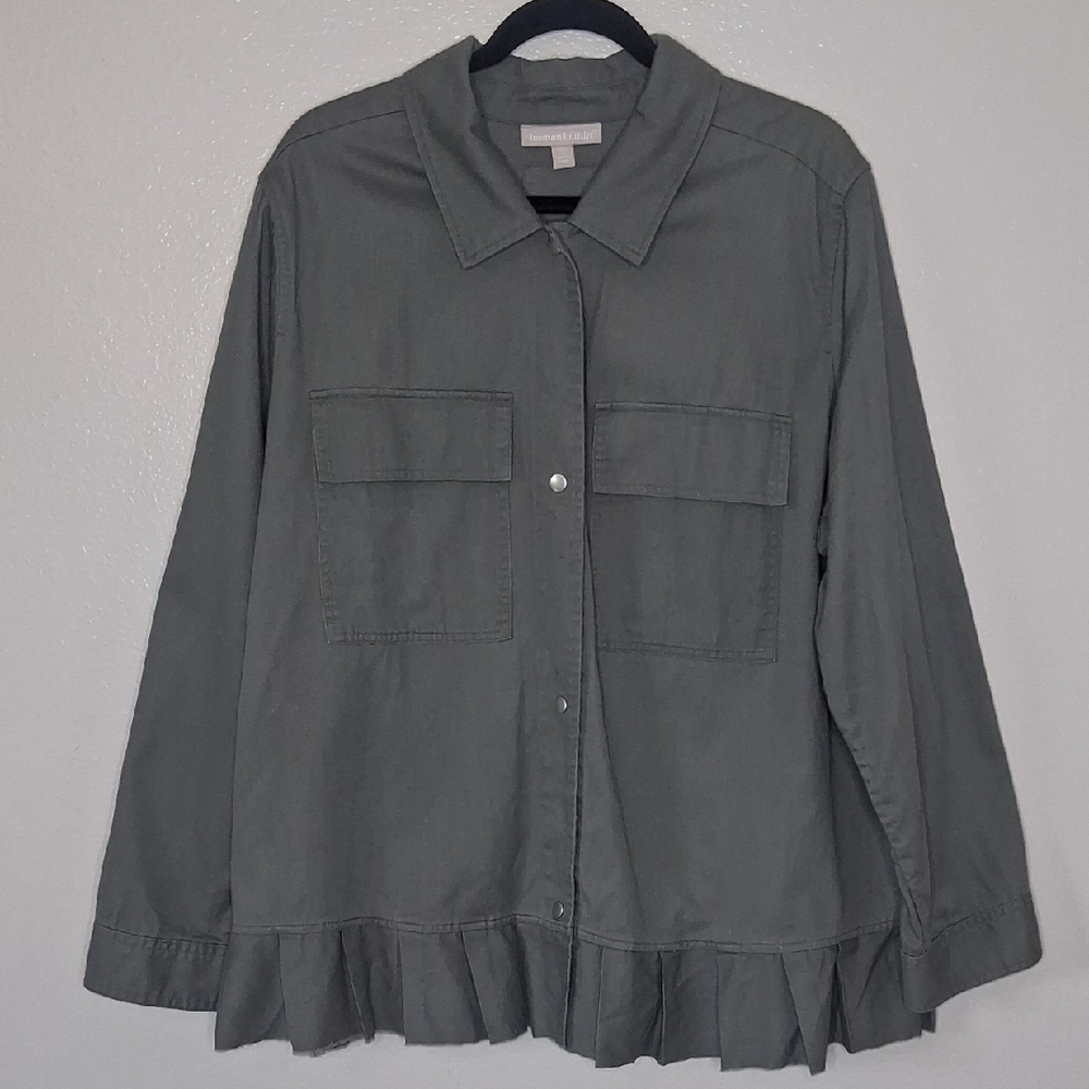 Woman Within Utility Jacket Snap Button Ruffle Hem Long Sleeve Plus 1X (22/24)
